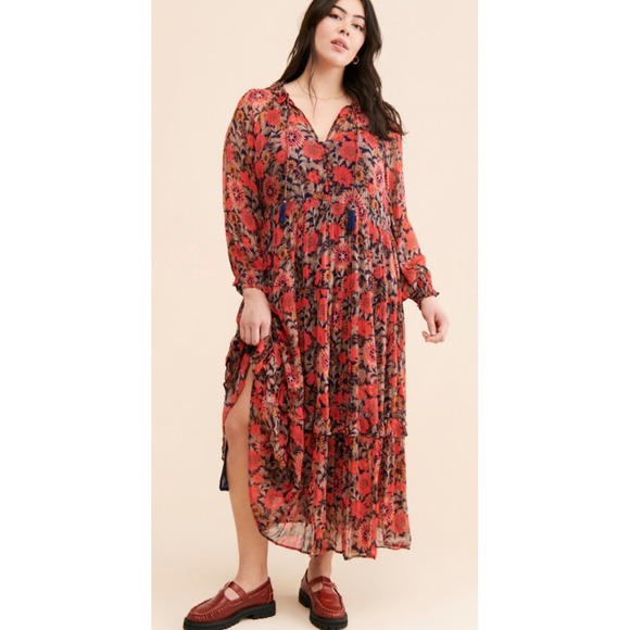 Anthropologie Marais Printed Chiffon Maxi Dress Floral Red Black Large Petite - Picture 1 of 14